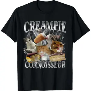 Cotton Streetwear Graphic Tees Casual Round Neck Shortsleeve Fashion Creampie Connoisseur Funny Cat Meme Inappropriate Adult T-Shirt