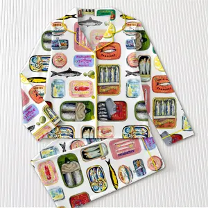 Vintage Sardine Can Pajamas Set, Retro Fish Tin Print PJs, Colorful Seafood Art Sleepwear for Men & Women, Funny Ocean Lover Pajama Set, Unique Food Pattern Loungewear Nightwear