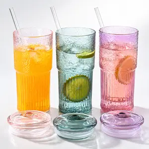 Vintage Textured Ribbed Glass Coffee Cup 500ml with Lid & Straw Insulated Tumbler for Iced Drinks Cocktails Juices Travel Daily Use Sturdy High-Quality Drinkware in Vibrant Colors Beverage Mug Bottles