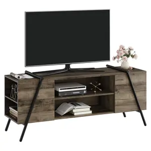 55" Farmhouse TV Stand, Industrial Entertainment Center with 6 Open Storage Compartments, Retro Grey Media Console Table with Adjustable Shelf & Cord Holes for Living Room