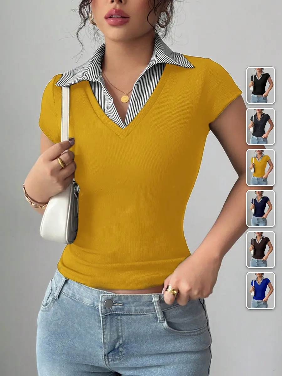 Polo T-Shirt Ribbed V-Neck Slim Fit Brown Stripe Back To School Summer Business Casual