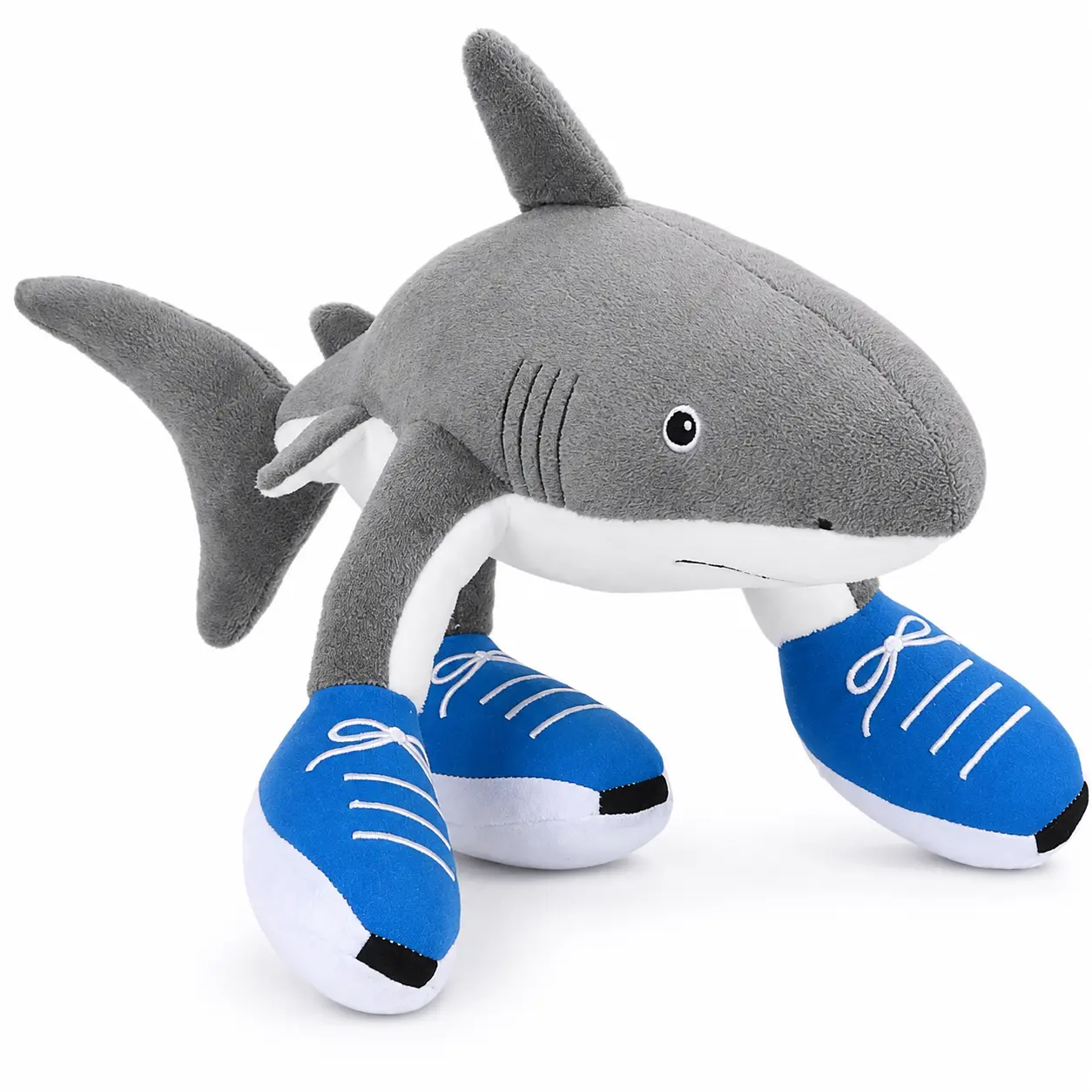 Funny Shark Stuffed Animal Toy with Blue Shoes, Soft Collectible Plush Toy for Bedroom, Desk and Shelf Decor, Cute Novelty Gift for Birthdays, Holidays and Stocking Stuffers for Kids Teens Adults