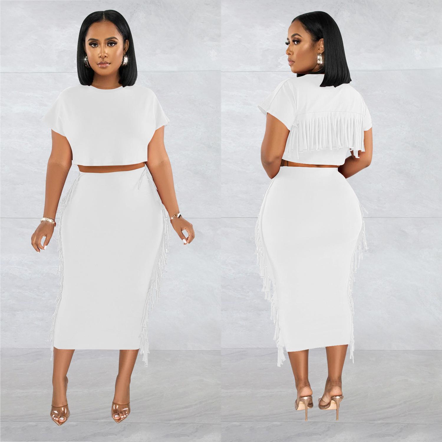FashionableStyle Solid Color Fringe Round Neck Short Sleeve Long Dress Two-Piece Set