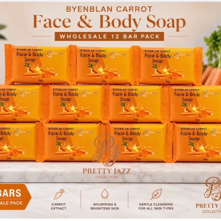BYENBLAN Carrot Brightening Soap with Vitamins, 12 Pack of 7 oz Heart-Shaped Bars for Face & Body, Daily Body Care for Radiant Skin, Gentle, All Skin, Anti-Acne, Solid Bar
