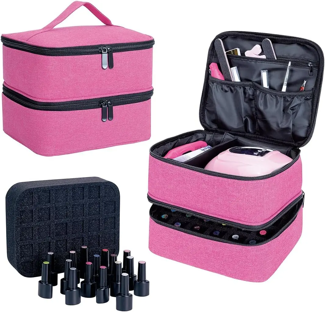 Double Layer Travel Makeup Bag & Nail Polish Organizer, Large Cosmetic Storage Case, Portable Manicure Supplies Carrier, Holds UV Nail Lamp, Adjustable Divider