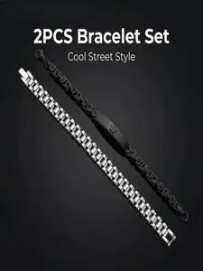 Men's 2-Piece Stackable Bracelet Set, Silver Color Strap & Crown Decor Chain, Stainless Steel, Waterproof, Hypoallergenic, Perfect Gift