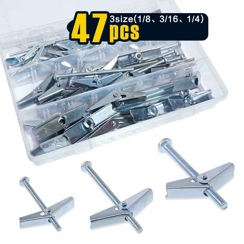 47 pcs, Toggle Bolts, Wall Anchor, 1/4 3/16 1/8" Butterfly Drywall Anchors, Heavy Duty Metal Screws for Hollow Wall Ceiling
