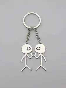 Cute Cartoon Stickman Design Heart Key chain, Personalized Heart lag, Fashionable Stainless Steel Key chain for Women & Men, Trendy All-match Key chain for Birthday Gift, Couples Gifts, Cute Keychain