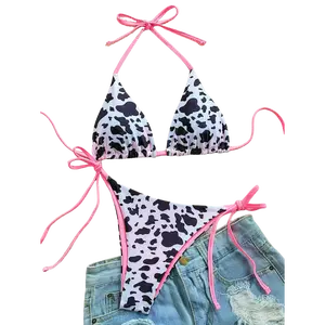 VYNCE Women's Cow Print Reversible Bikini Set Contrasting Magenta Halter Tie 2 Piece Swimsuit High Waist Beachwear