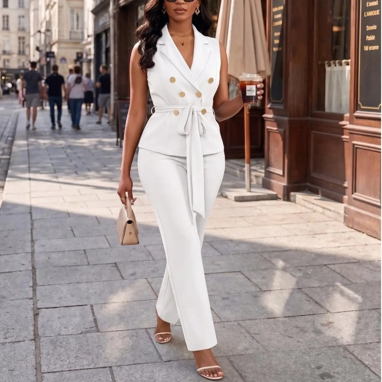 Blazer Pants Suits for Women Sleeveless Vest Double-breasted with Belt straight Leg Pants 2 Piece Outfits Business Set Casual Suiting Everyday Office Wear Bodycon