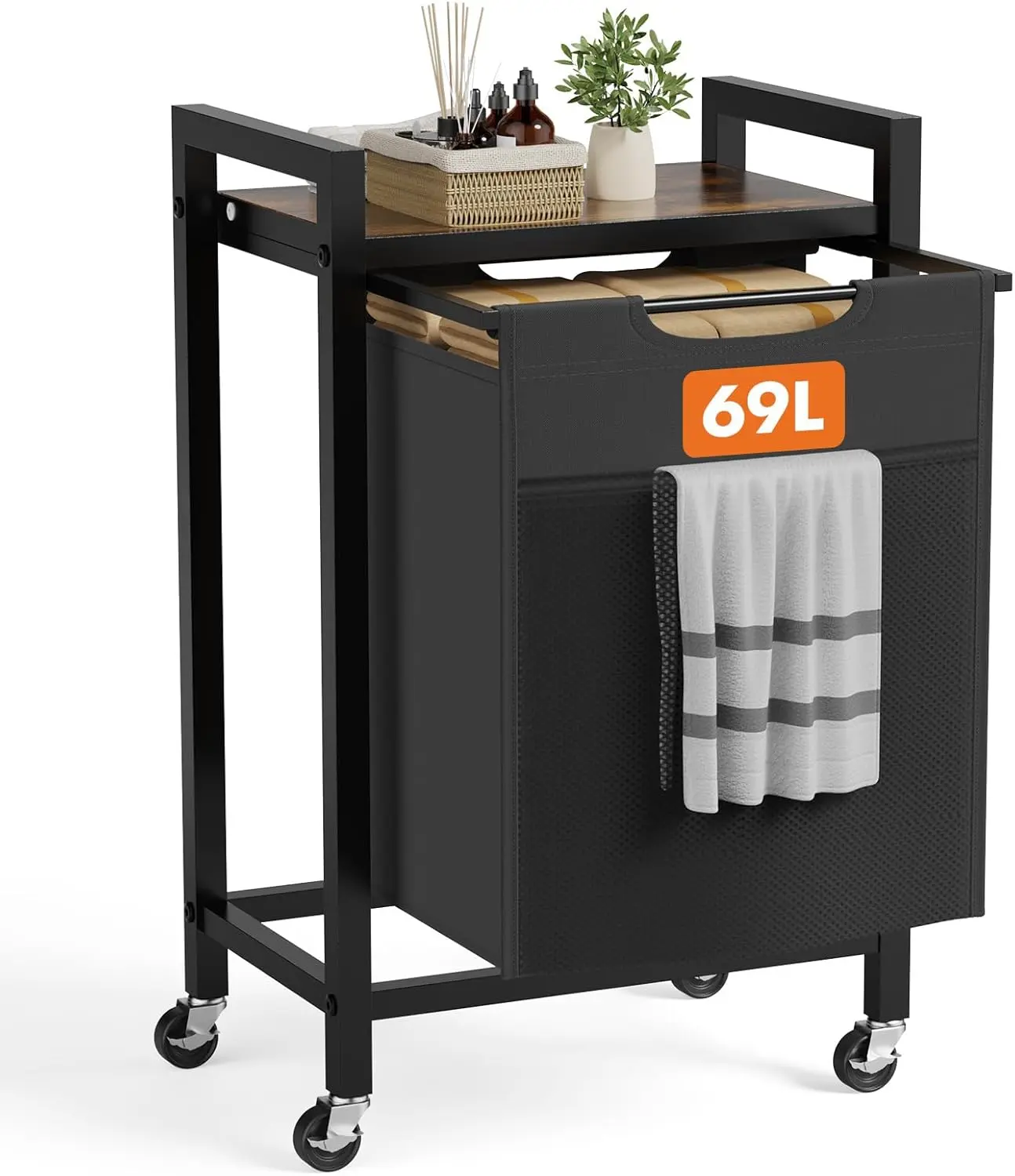 Rolling Laundry Sorter Pull Out Laundry Basket Cart 69L Capacity Top Shelf Holds 55 Lb Detergent For Laundry Room Dorm Or Closet Organizer