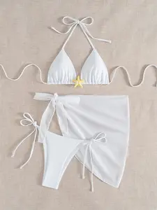 Starfish Three-Piece Set Adjustable Drawstring Swimwear, Pure Color Bikini Neckline, Beach Vacation Essential, Valentine's Day Gift