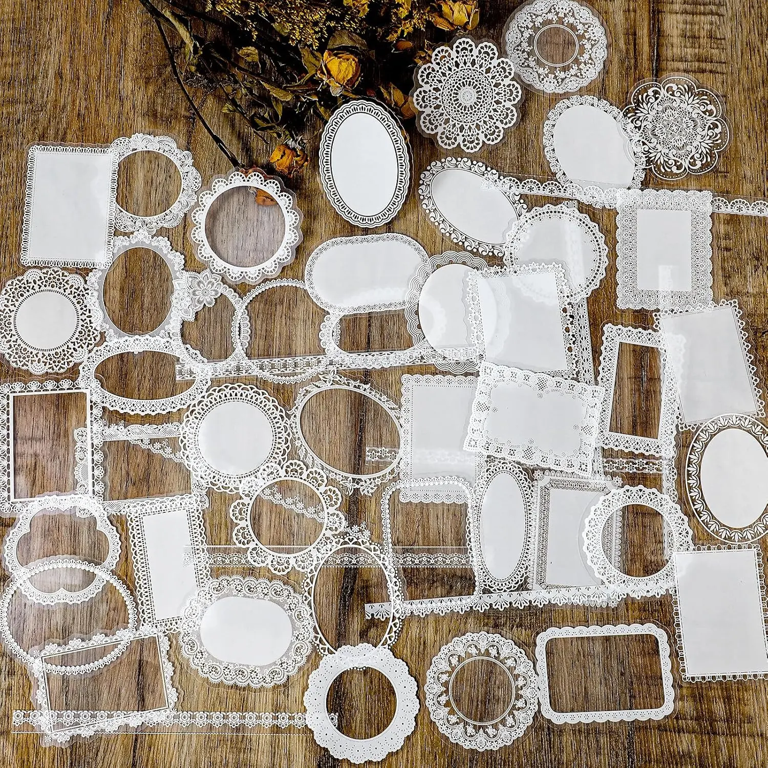 120Pcs Lace Scrapbook Stickers Kit, Waterproof Cutout PET Stationery Sticker,  Wedding Scrapbooking Supplies, Transparent Photo Frame Decorative Sticker for Invitations Journals DIY Art Crafts