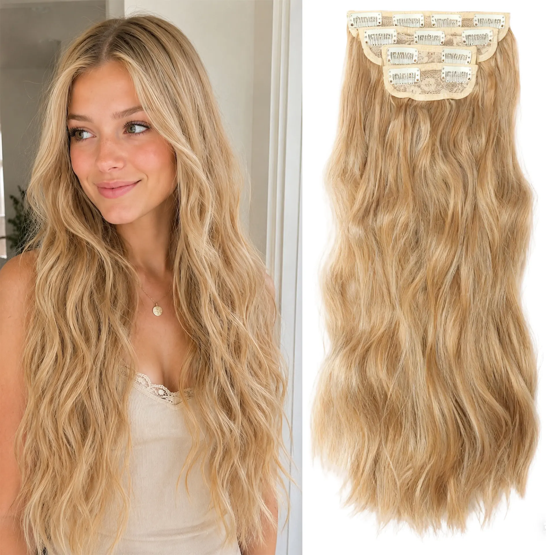 Clip in Hair Extensions Synthetic Hair for Women | Premium Seamless Clip in Hair Extensions Thick Double Invisible Lace Weft for Natural 4 Pcs  Natural Soft Synthetic Wavy Hairpiece full head coverage
