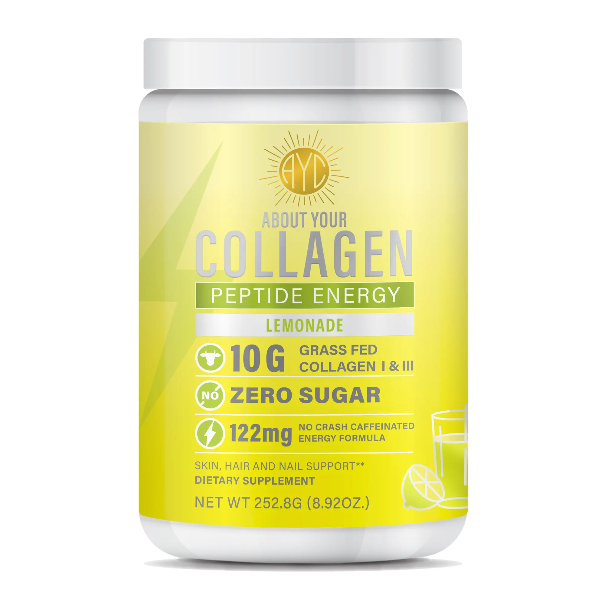 ABOUT YOUR COLLAGEN Peptide Energy Collagen Powder Hair, Nail, Skin, Type I & III,Caffeine for Energy, Vitamin C, Biotin, Hyaluronic Acid, Zero Sugar – 8.92 oz