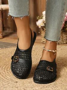 Women's PU Leather Sandals, Pu Leather Mules, Flat Sandal, Breathable Solid Pattern, Soft Rubber Sole, Fashionable Low Heel, Comfortable Office Shoes, Trendy Summer Footwear