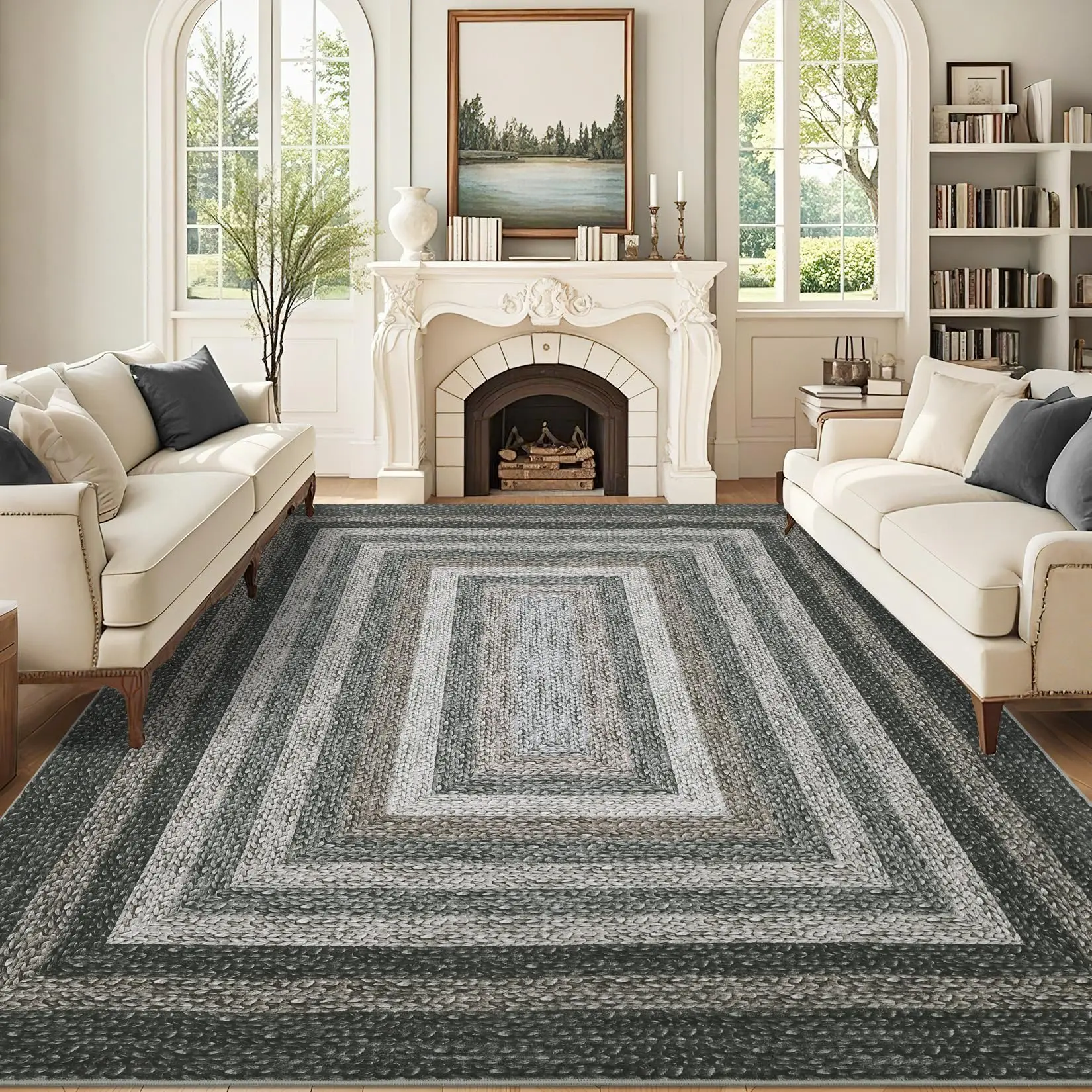 GARVEE Braided Printed Collection - Washable Rugs 8x10 Large Area Rug for Bedroom Modern Bordered Living Room Rugs Ultra-Thin Carpet Non Slip Stain Resistant Carpet for Nursery Dining Room, Black