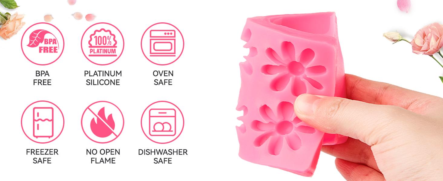 Flower Silicone Fondant Molds, 4 Pack | Daisy Rose Flower Chocolate Candy Molds, Non-Stick, for Cupcake Topper, Cake Pop Decoration