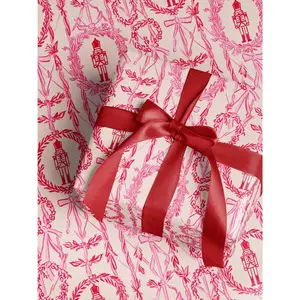 Pink Nutcracker Wrapping Paper, Hand-Drawn Christmas Gift Wrap, Wreath Bow Holiday Wrapping, Ballet Inspired Whimsical Pink Christmas Wrap