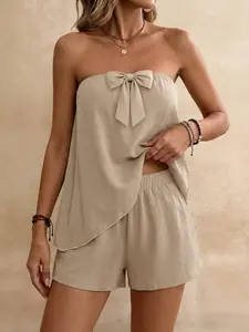 Women's Fashion Strapless Crop Top + Shorts Set, Stylish Two-Piece, Perfect for Casual Wear, Comfortable, Loose and Trendy