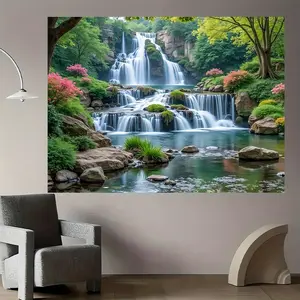 Vibrant Waterfall & Flowers Polyester Nature Backdrop, Summervibes Photography Banner for Holiday Decor & Live Streaming, Indoor-Outdoor Home Festive Party Supplies