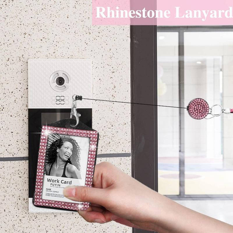 3-piece set of shiny rhinestone ID badges with detachable lanyard and telescopic scroll - multifunctional keychain for women, teachers, and students, suitable for work, school, and activities