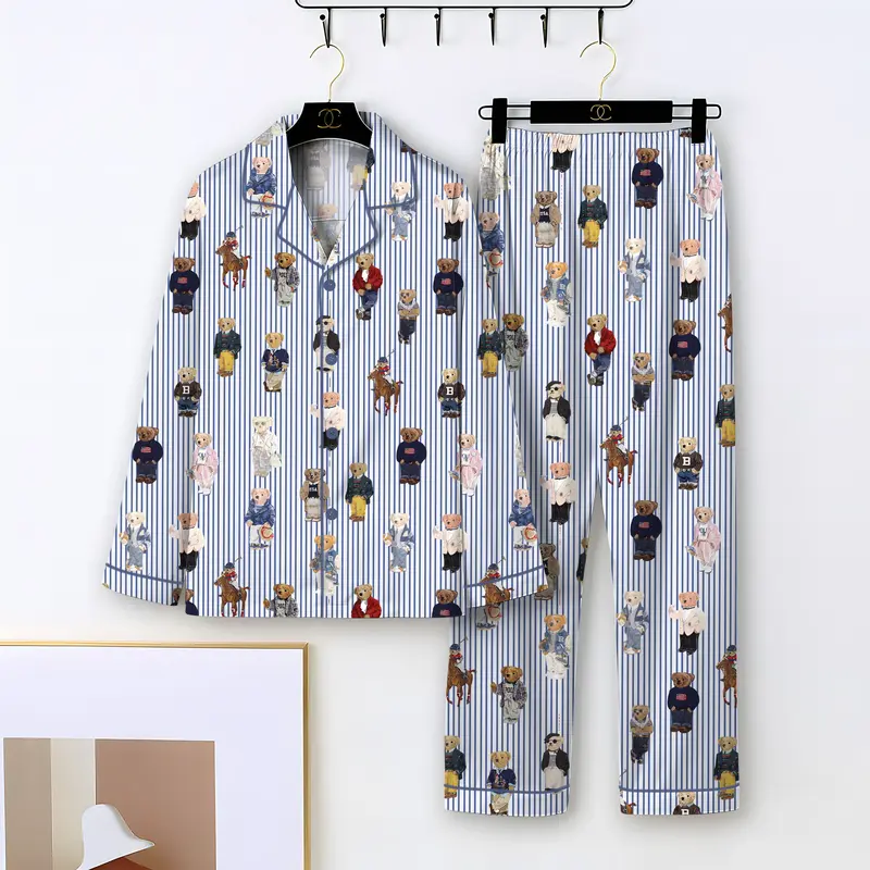 Pajamas Set for Women, Pajamas Bear Set for Women, Cute Bear Print Pajamas, Casual Long Sleeve Shirt & Elastic Pants, Soft Stretch Fabric, Comfortable pjs