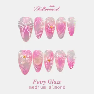Fullovenail Almond Shape 10 PCS Fairy Glaze Handmade Press on Nail REUSABLE 3D Gel Fake Nails Acylic Press on Nail/Summer 2025 summer vacation