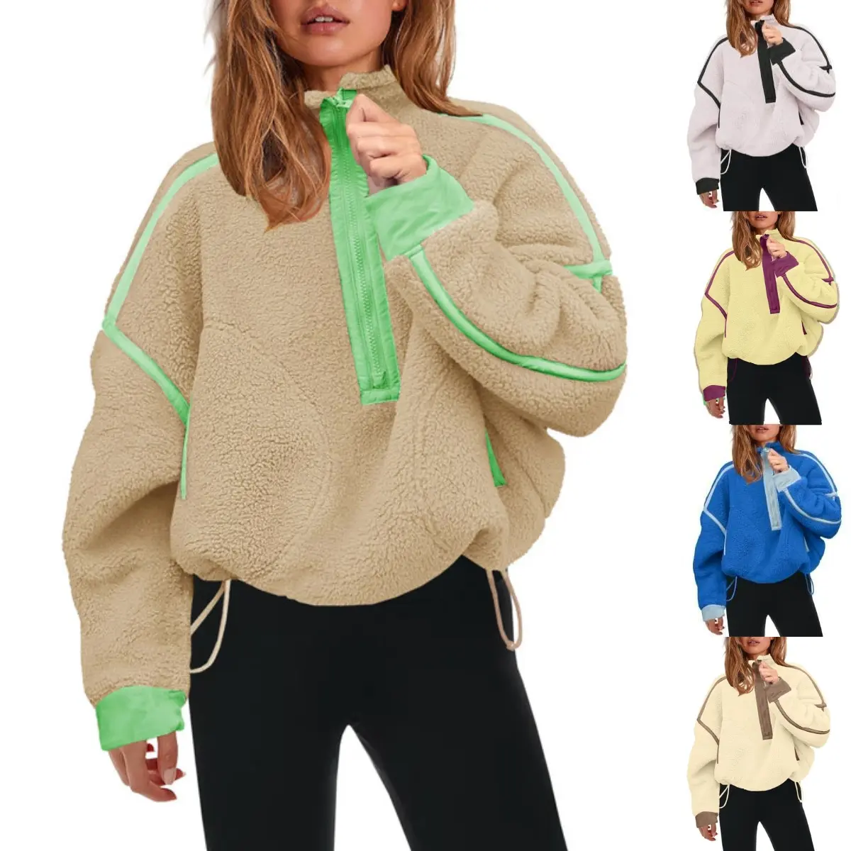 SCUSTY Women's Half Zip Sherpa Fleece Pullover Soft Oversized Sweatshirt Warm Fuzzy Sweater With Pockets Fluffy Teddy Fleece Collared Neckline Basic Comfy Fit