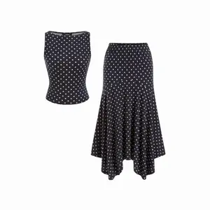 Cider Boat Neck Polka Dot Top & Ruffle Hem Mid Rise Skirt Set