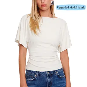 Women Modal Cinched Waist Shirts Stretchy Dolman Sleeve Boat Neck Knit Tops Trendy Streetwear Basic Workout Tee Tops
