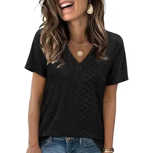 Women's Eyelet Crossed V Neck Short Sleeve