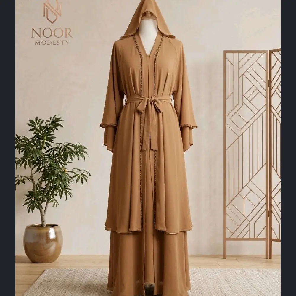 2 Layers Abaya  with V-Neckline and Bell Sleeves for Elegant Occasions