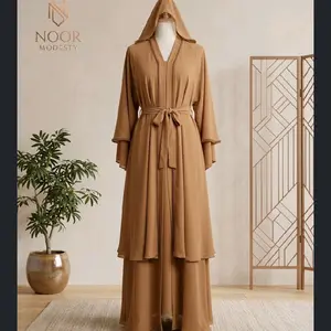 2 Layers Abaya  with V-Neckline and Bell Sleeves for Elegant Occasions