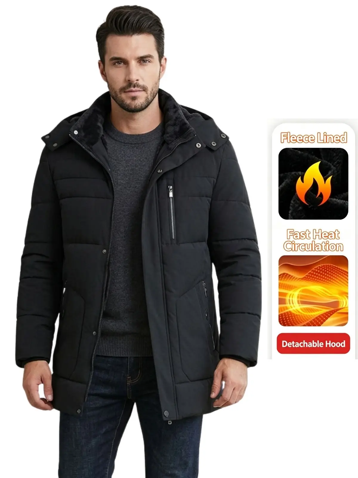 Men’s fleece-lined, thickened mid-length cotton jacket with detachable hood, quick heating warmth, cold protection for winter, windproof down cotton outerwear