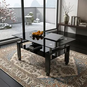 39.37 Inch Double Layer Tempered Glass Coffee Table, Rectangle Black Coffee Table with Heat Transfer Print Metal Frame, 220lbs Load Storage Center Table, Classic Home Furniture for Living Room Household