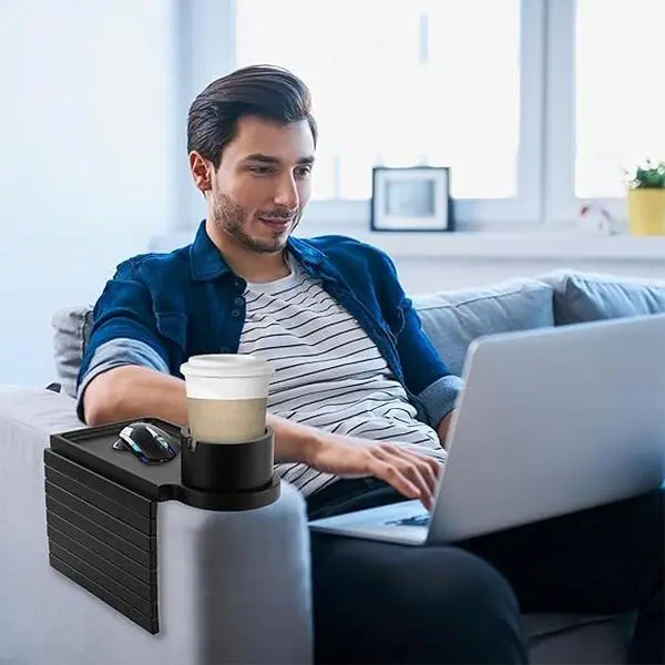3-in-1 Round Couch Cup Holder Tray - Anti-Slip Foldable Sofa Arm Tray with 360° Rotating Cup Holder, Phone Stand, Fits Various Couch Arm Widths for Snacks, Remote Controls