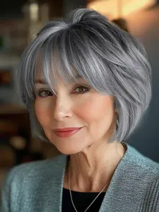 Chic Layered Grey Bob Wigs for Women Straight Grey Salt & Pepper Bob Wig with Bangs Black Mixed Silvery Wigs Natural Looking Synthetic Hair for Daily Use Synthetic Machine Wigs Glueless Bob Wigs