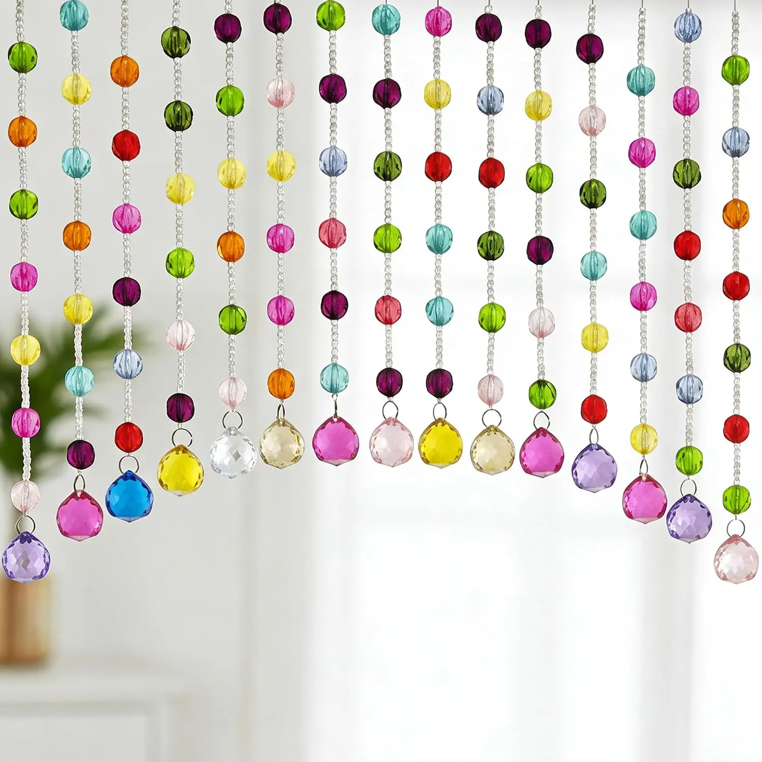 Acrylic Multicolor Beaded Door Curtain, Self-Adhesive Door String Beads Curtains for Doorways Hippie Window Closet Door Way Bead Hangings Curtain Arched Bedroom Hallway String Curtains(20 Strings)
