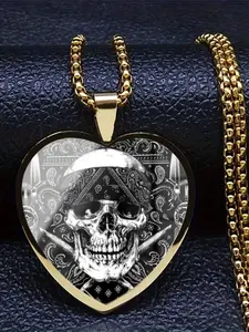 A transparent glass heart-shaped necklace with a 2D black and white skull pattern inside.