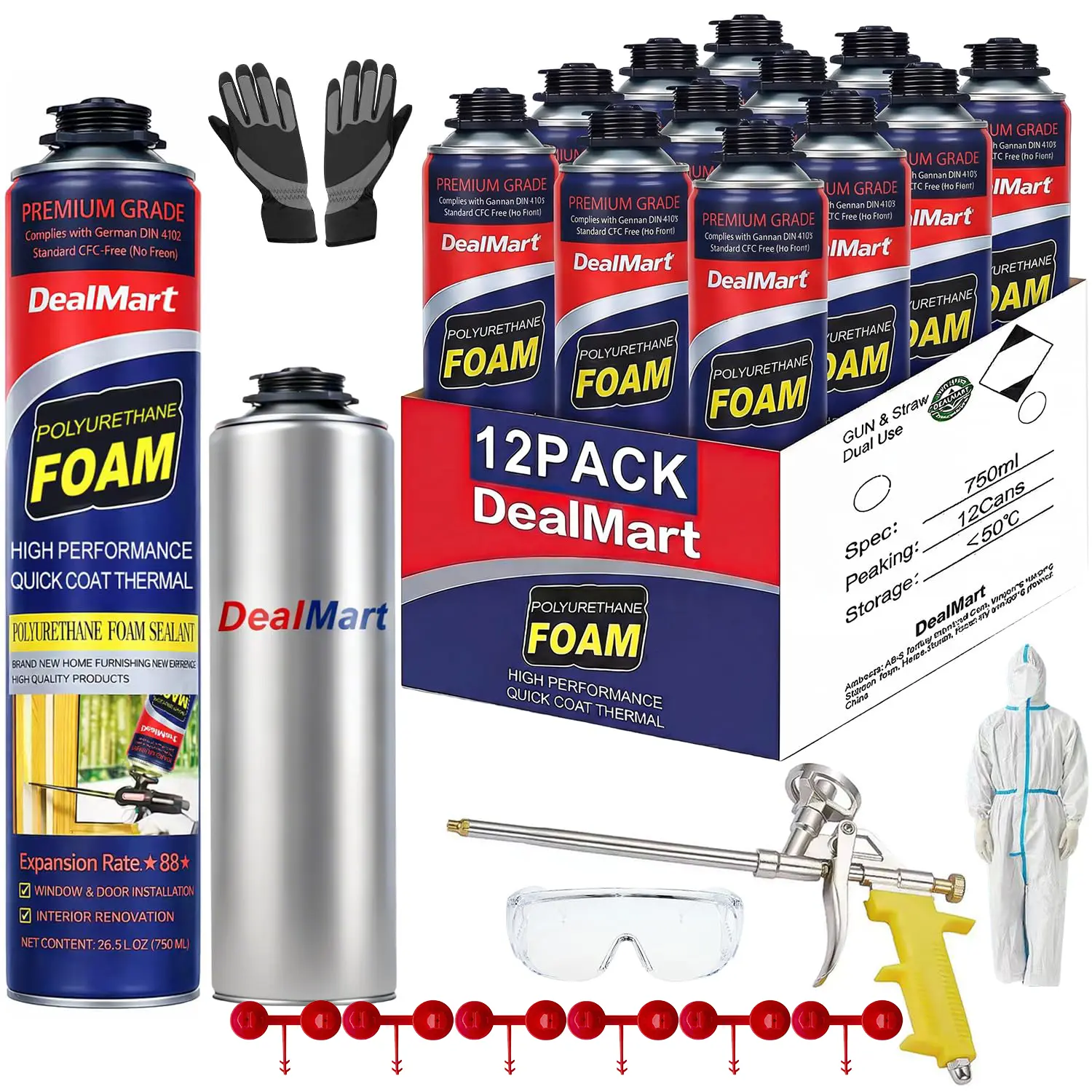 Polyurethane Spray Foam Insulation Kit (12-Pack, 12x26.5 oz/240 Bd ft), Closed Cell Wide DIY Self-Expanding Adhesive, Waterproof Sealant with Gun, Cleaner & Gloves, R-Value 5.66 for Sealing Gaps in Garage Doors, Attics