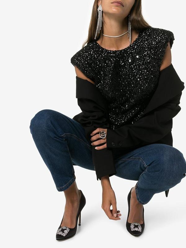 Manolo Blahnik Hangisi 105 Black Satin Crystal Jewel Buckle Classic Heel Pump