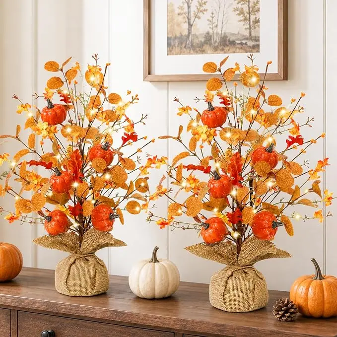 Timer & Pumpkin - Fall Decor 2 Pack 18 Inch Lighted Fall Tree Tabletop Fall Decorations for Home Battery Powered Artificial Eucalyptus Tree Floral Berry Burlap Base Thanksgiving Decor Mantel Table