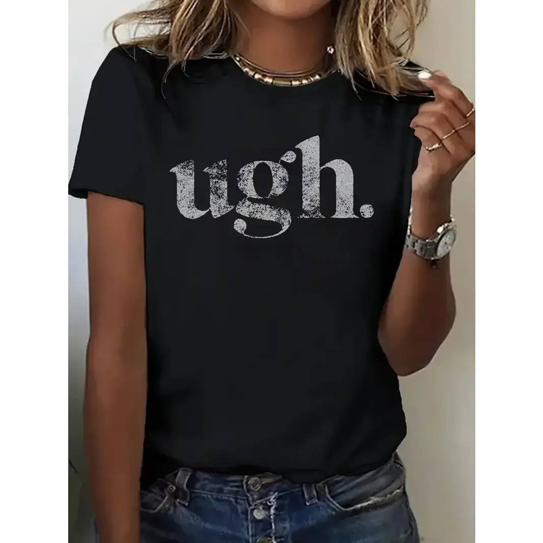 Women's Distressed "UGH" Graphic T-Shirt - Short-Sleeve Round Neck, 100% Cotton Breathable Fabric, Minimalist Everyday Casual Streetwear, Regular Fit, Shortsleeve, Top, Style, Tshirt, Crew Neck, 3Xl, Graphic Front, Distressed Print