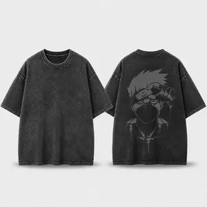 Washed Black Graphic Tee for Men, Shadow Ninja Back Print Oversized T Shirt, Vintage Streetwear Graphic Tee, Anime Style Dark Graphic T-Shirts