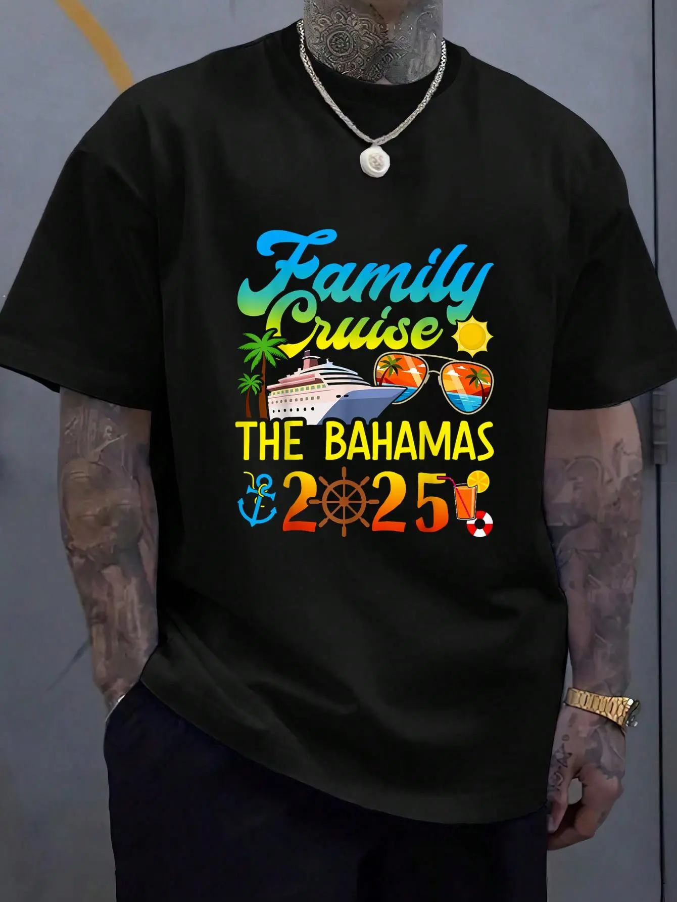 Men's 2025 Bahamas Family Cruise Printed Graphic T-Shirt - Unisex 100% Cotton Loose-Fit Shortleeve Round Neck Casual Vacation Clothes, All Seasons, Avoid Ironing Prints