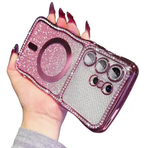 Magnetic Case for Samsung Galaxy S26 S25 S24 Ultra Plus [Compatible with MagSafe] Bling Rhinestone Wave Edge Sparkly Gradient Glitter Case with Camera Lens Protector Shockproof Protective Cover for Women Girls