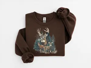 Whitetail Deer Family Graphic Sweatshirt Buck Doe Fawn Forest Wildlife Hunting Art Outdoor Lover Gift Unisex Crewneck Pullover