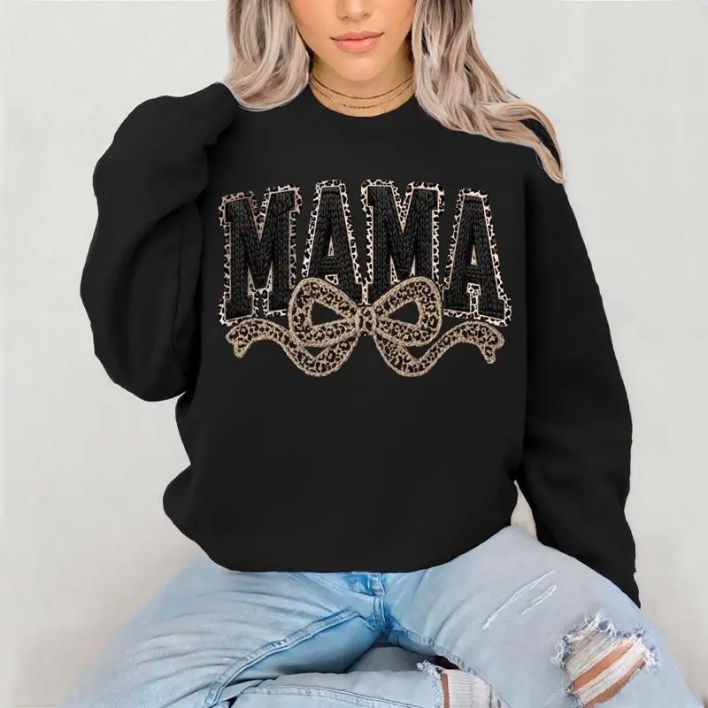 Mama Black Faux Yarn Crewneck Sweatshirt Gildan Everyday Style Super Soft Unisex Fit Streetwear Graphic Top warm Womenswear Casual Printed Long Sleeved