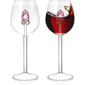 2 Pack Rose  Glasses, 10 OZ Creative Drinking Goblet with Rose Inside, Stemmed Fancy  Glasses,  Romantic Flower  Glassware, Classic Beverage Cup for Wedding, Party, Bar